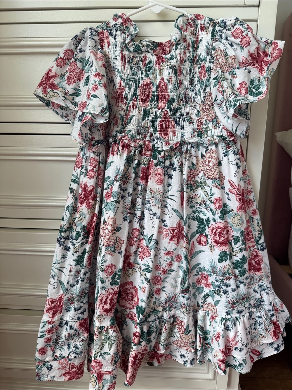 Janie and Jack White Floral Smocked Dress with Pink & Green